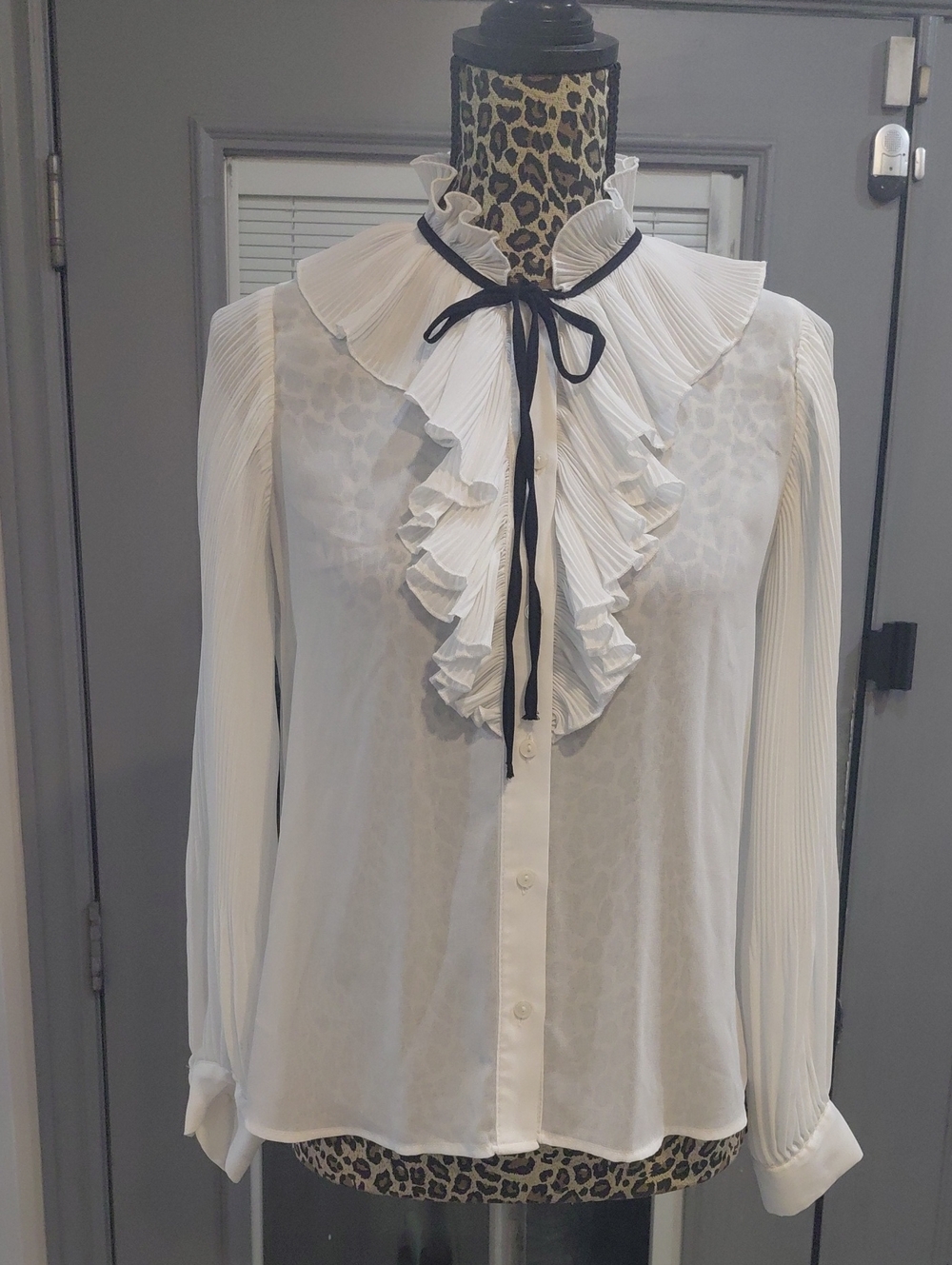 Classic White Ruffle Front Blouse with Black Tie